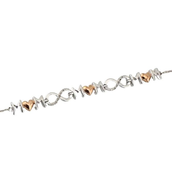 Sterling Silver "Mom" Bracelet w 14 kt Gold Overlay Hearts  & Infinity Symbols - Picture 1 of 14